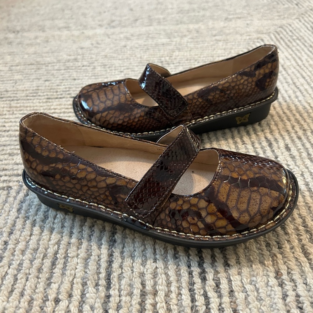 Alegria Brown Snakeskin Mary Jane Clogs